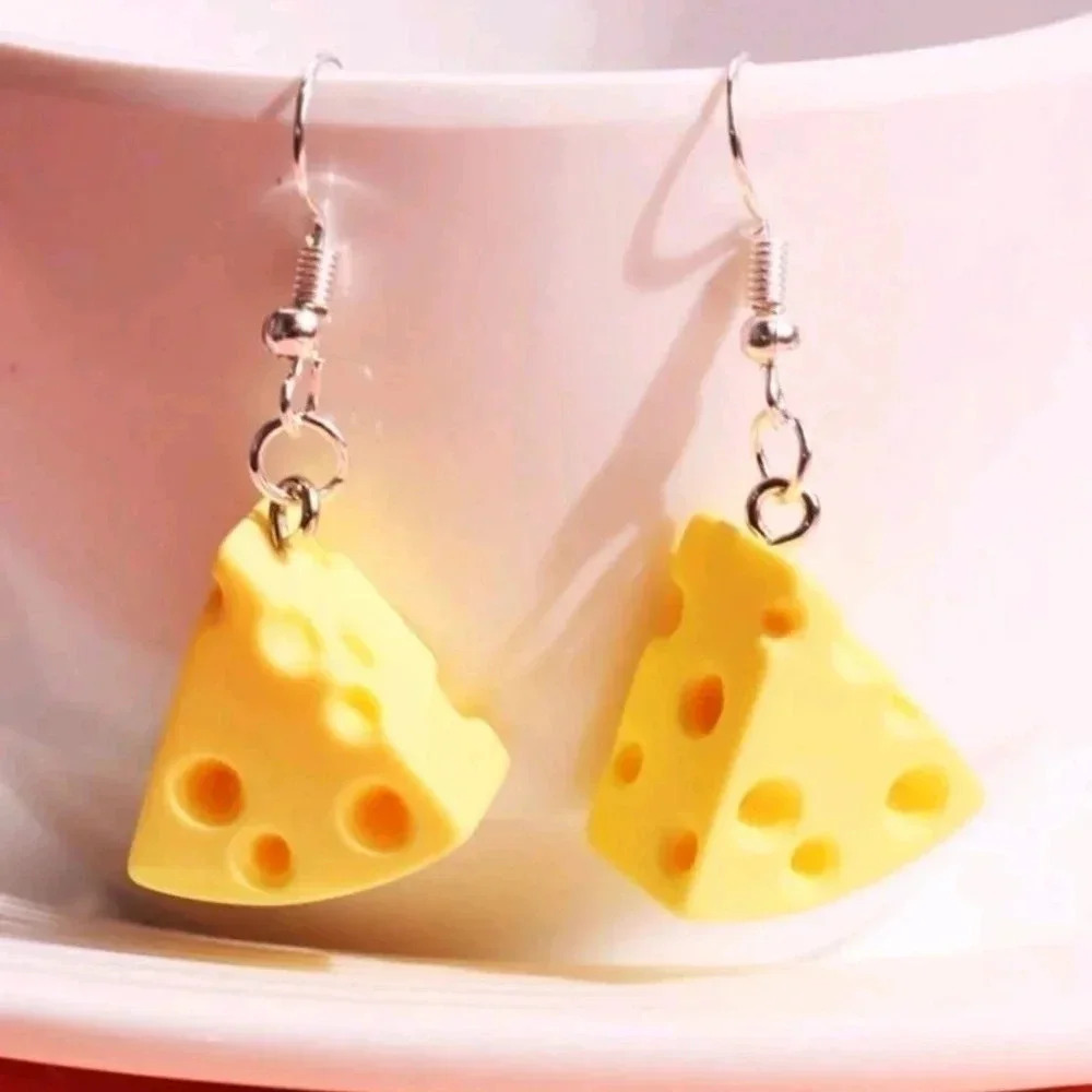 One pair yellow cheese funny unique dangle earrings jewelry silver plated girls